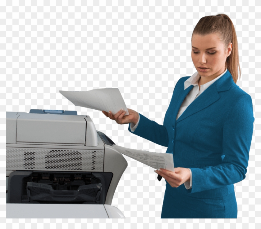 Business Woman Blue Coat Next To Office Printer - Output Device Clipart #3702582