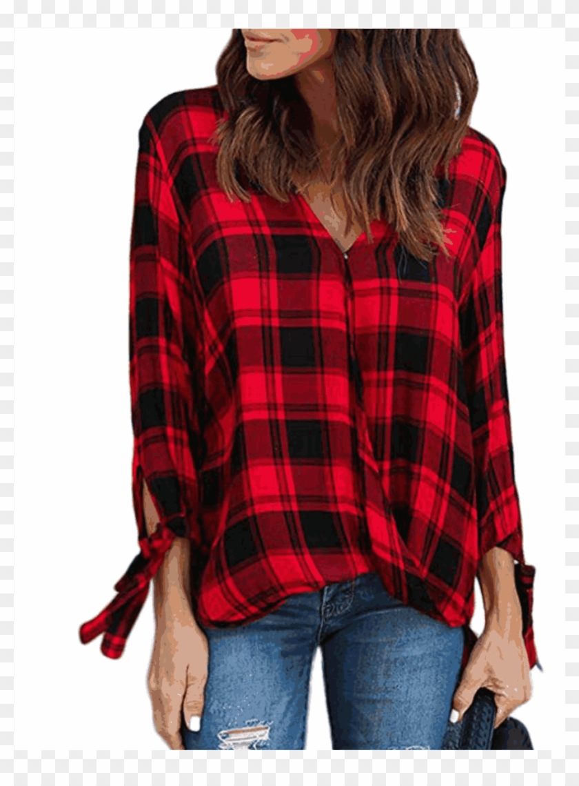 Plaid Pattern Drape Front V-neckline And Tie Cuff Sleeve - Autumn Casual Outfits For Ladies Clipart #3721763