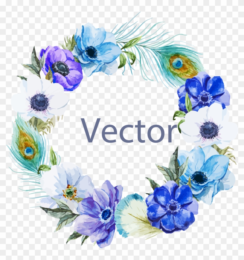 Painting Chic Illustration Blue Border Bohochic - Flower Wreath With Peacock Feathers Clipart #3722389
