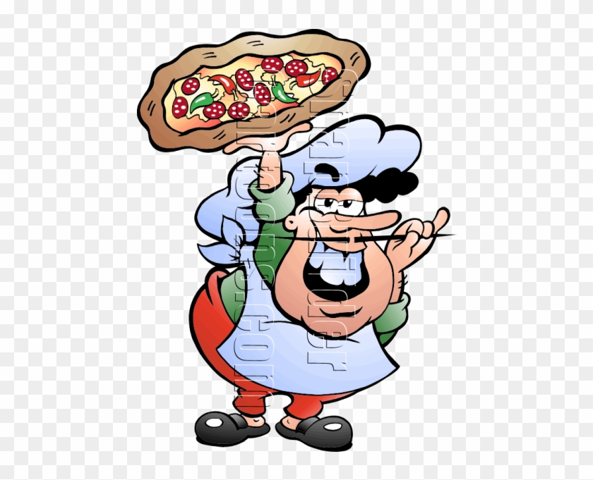 Pizza Baker Holding Pizza Twirling Mustache Mascot - Italian Caricature Clipart #3763096