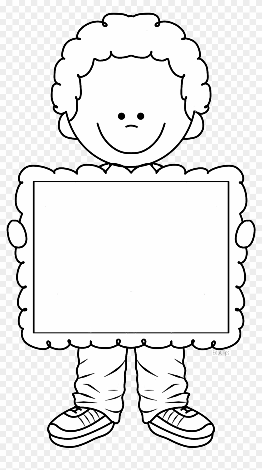 Cute Boy Holding Frame, There's Space To Write Title - Boy Frame Black And White Clipart #3768948
