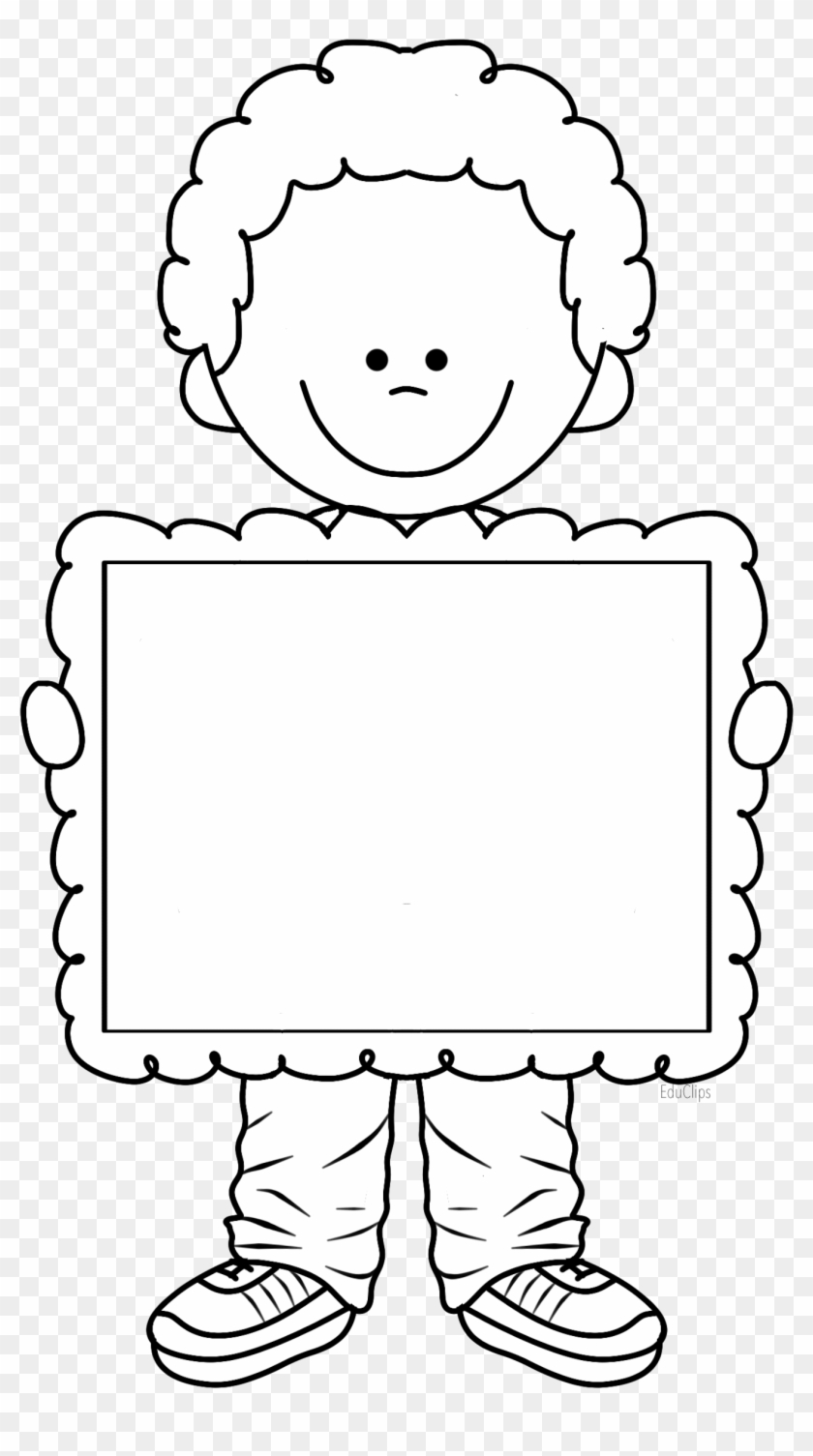 Cute Boy Holding Frame, There's Space To Write Title - Boy Frame Black And White Clipart