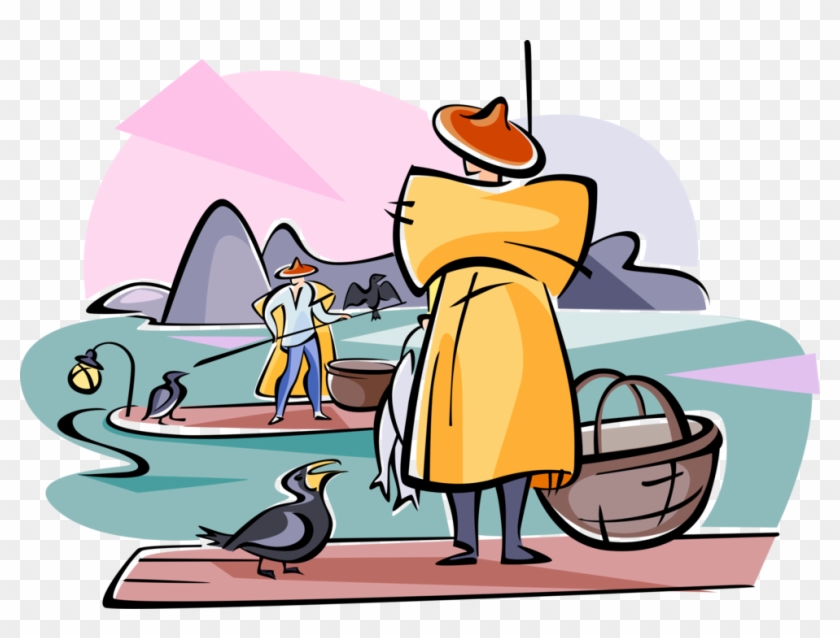 Vector Illustration Of Chinese Fishermen Fish With - Cartoon Clipart #3780380