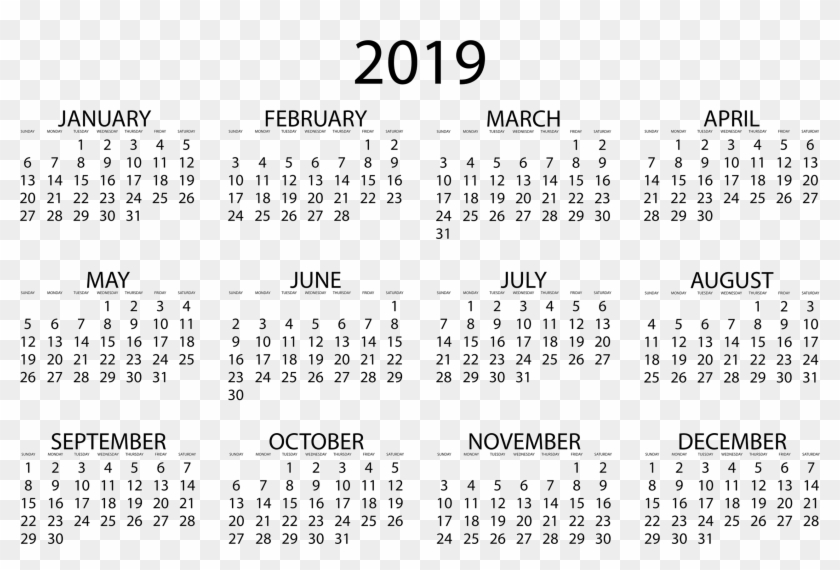 2019 Transparent 01s Calendar - Full Year 2019 Calendar Clipart