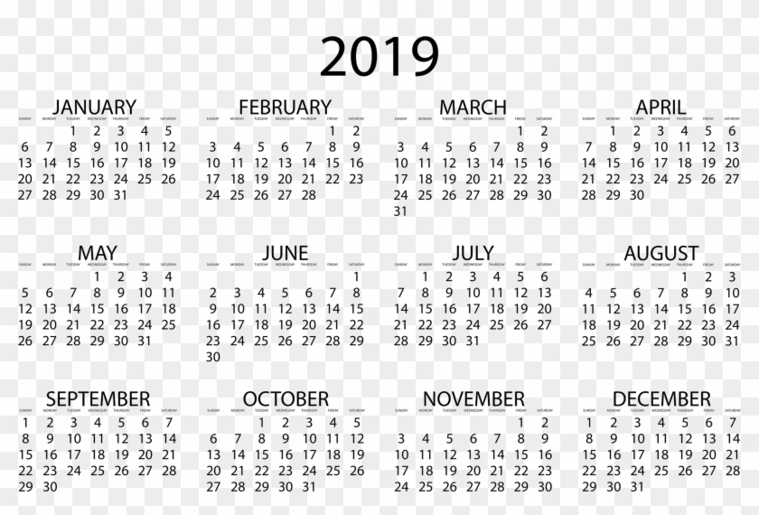 2019 Transparent 01s Calendar - Full Year 2019 Calendar Clipart #387234