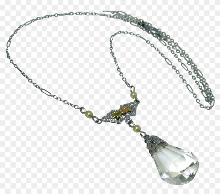 Vintage, Art Deco, 10k White Gold, Crystal Glass, Filigree - Necklace Clipart #3804903