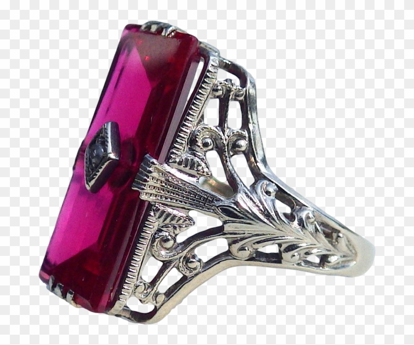 Large Emerald Cut 14k White Gold Ruby Diamond Filigree - Emerald Cut Filigree Ring Clipart #3805272