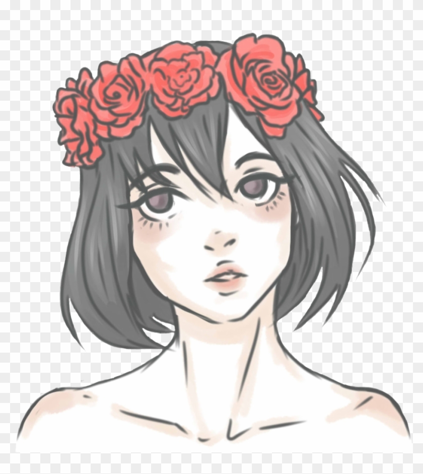 Girl Asian Anime Kawaii Flowercrown Flowers Red Roses - Easy Flower Crown Drawing Clipart #3815970
