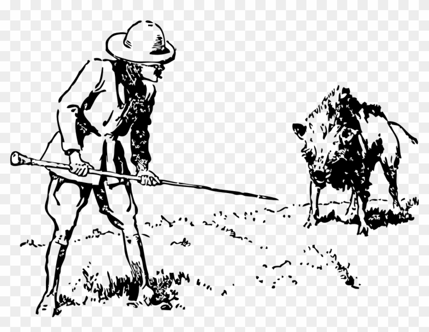 Wild Boar Animal Hunter Hunt Png Image - Drawing Of People Hunting Clipart