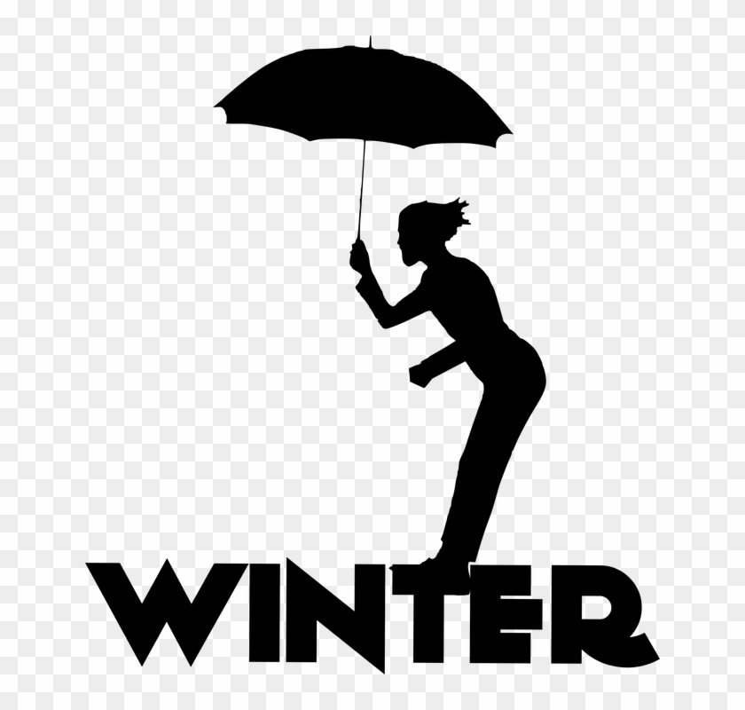 Silhouette Winter Man Umbrella Wind Jumping - Umbrella Clipart #3848296