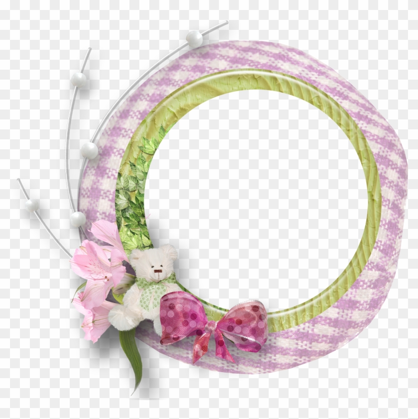 Marco De Foto Redondo Con Flores Y Un Osito - Marco De Flores Redondo Png Clipart