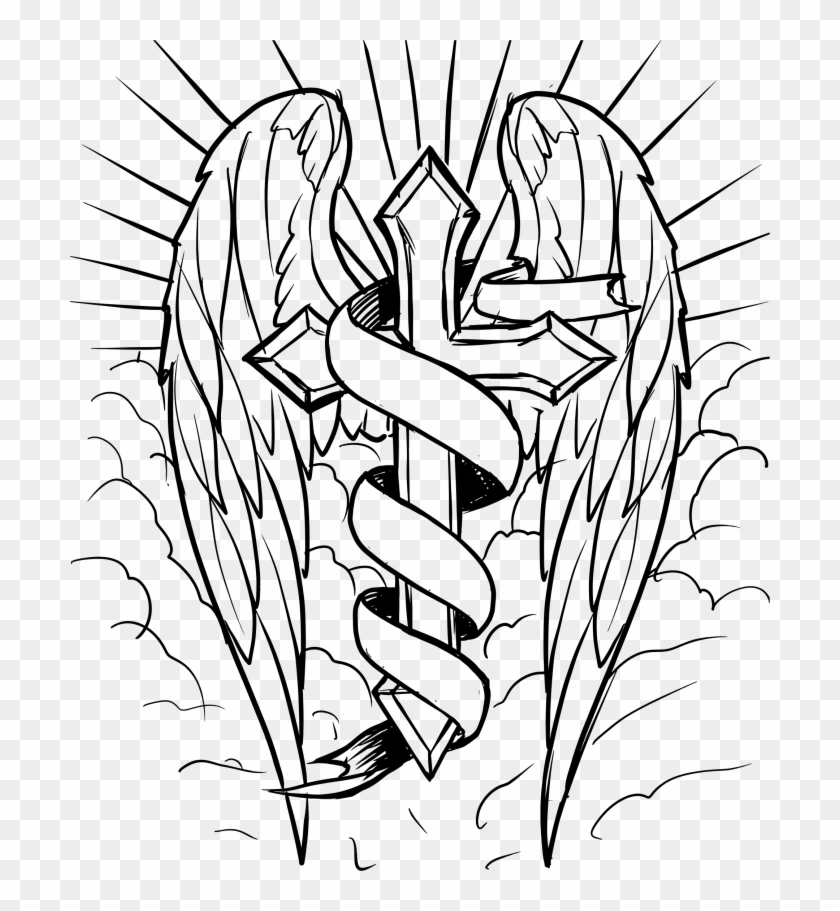 Black And White Sun Cross Png - Crosses With Wings Drawing Clipart #3872119