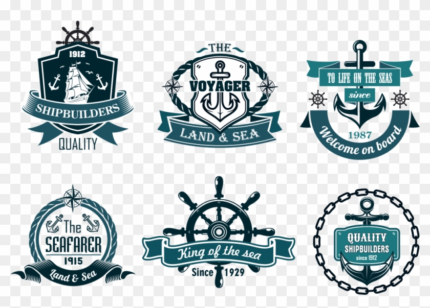 彩色促销彩带与标签集合- Steering Wheel Ship Logo - Морские Эмблемы Clipart