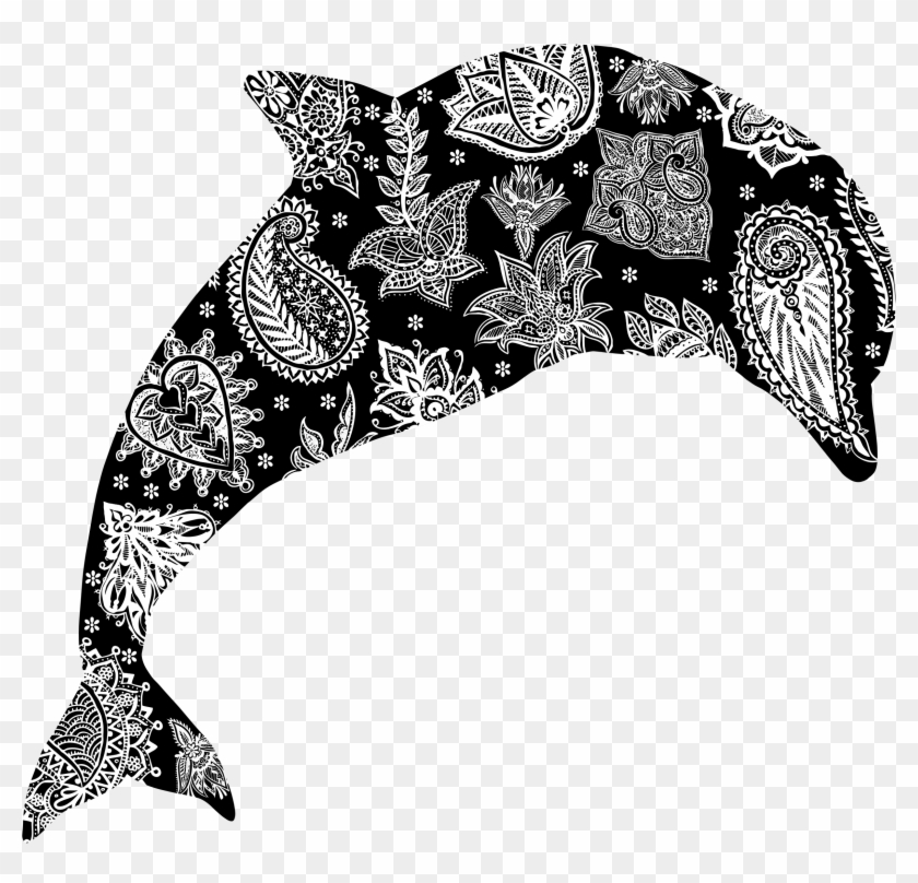 Floral Pattern Dolphin White Icons Png - Black And White Dolphin Drawing Clipart #3883538