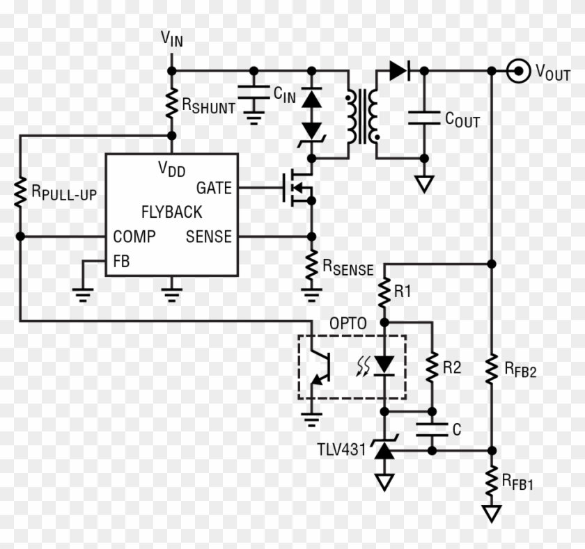 Isolated Flyback Controller With Optocoupler And Tlv431 - Flyback Dc Dc Converter Circuit Clipart
