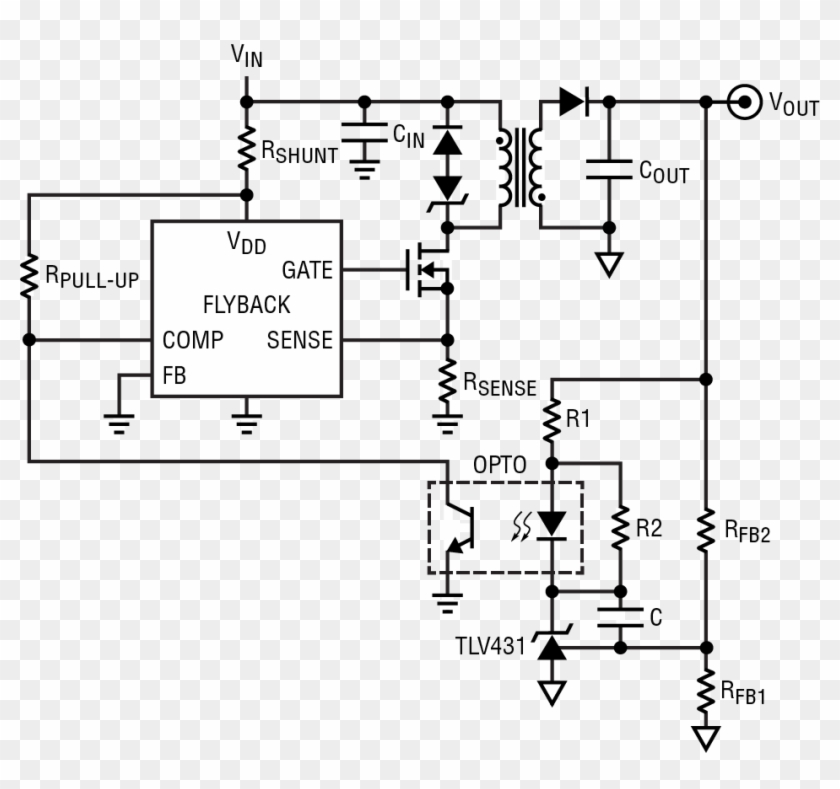 Isolated Flyback Controller With Optocoupler And Tlv431 - Flyback Dc Dc Converter Circuit Clipart #393191
