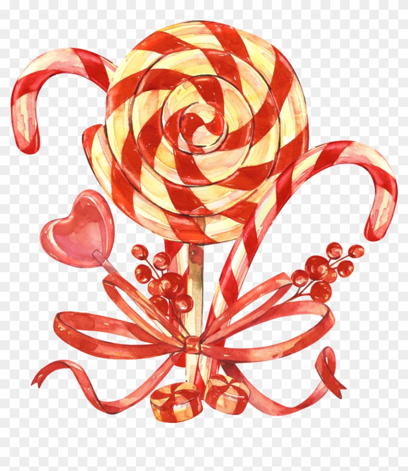 Painted Christmas Lollipop Png Transparent - Vintage Candy Cane Illustration Clipart #395706