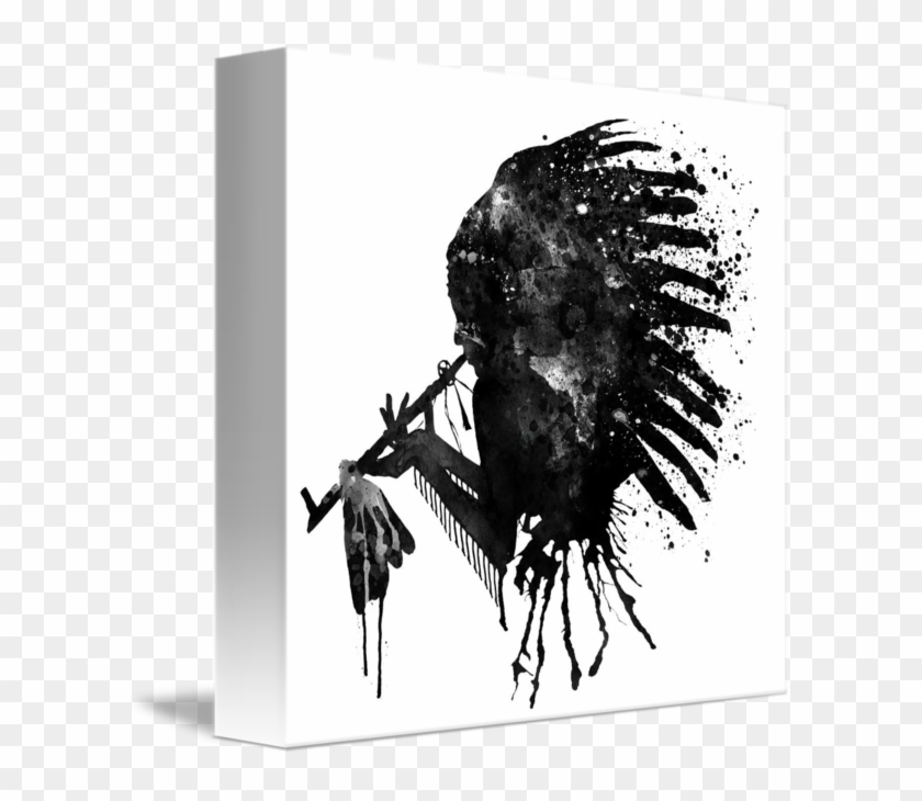"indian With Headdress Black And White Silhouette" - Indian Headdress Canvas Art Clipart