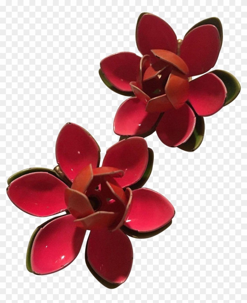 Pink Green Flower Power 1960s Enamel Vintage Clip Earrings - Artificial Flower - Png Download #3966185
