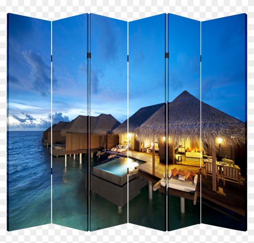 6 Panel Folding Screen Canvas Room Divider- Tiki Hut - Ayada Maldives Resort Clipart