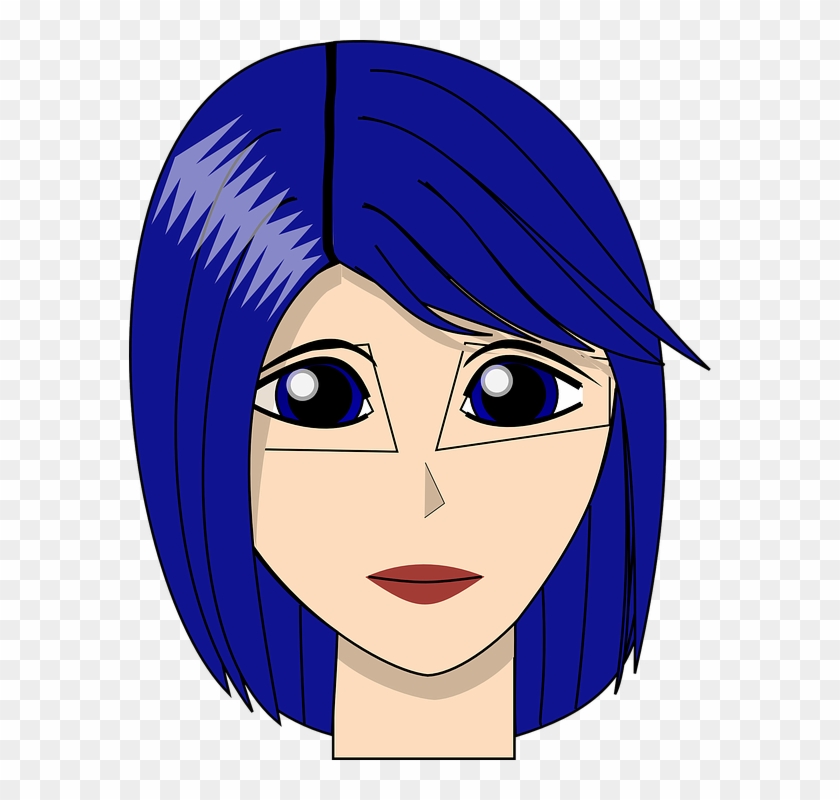 Girl Face Head Blue Hair Eyes Lady Woman Young - Girl With Blue Hair Cartoon Clipart #3978538