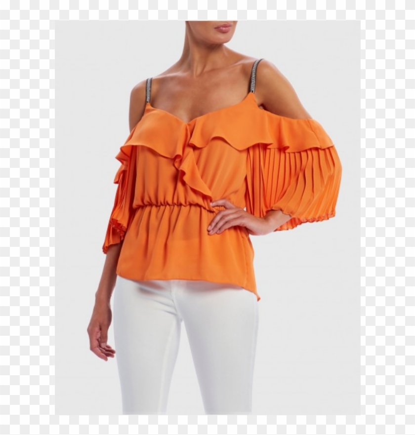 Orange Cold-shoulder Pearl Embellished Ruffle Top By - Blouse Clipart #3985965