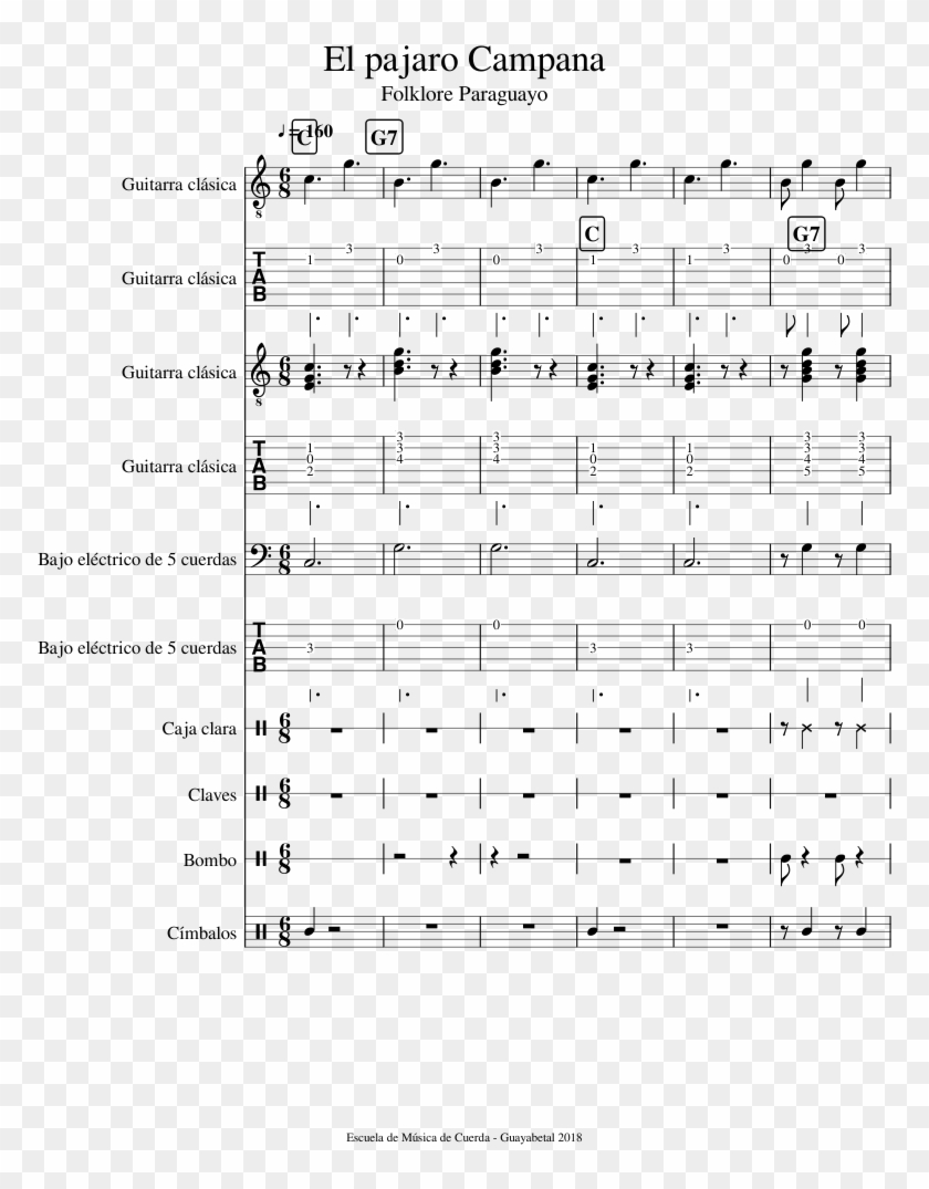 El Pajaro Campana Sheet Music For Guitar, Bass, Percussion - Partitura Pajaro Campana Guitarra Clipart #3998300