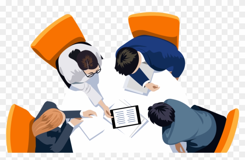 Business People Sitting On A Table Looking At A Tablet - Cartoon Clipart #44964