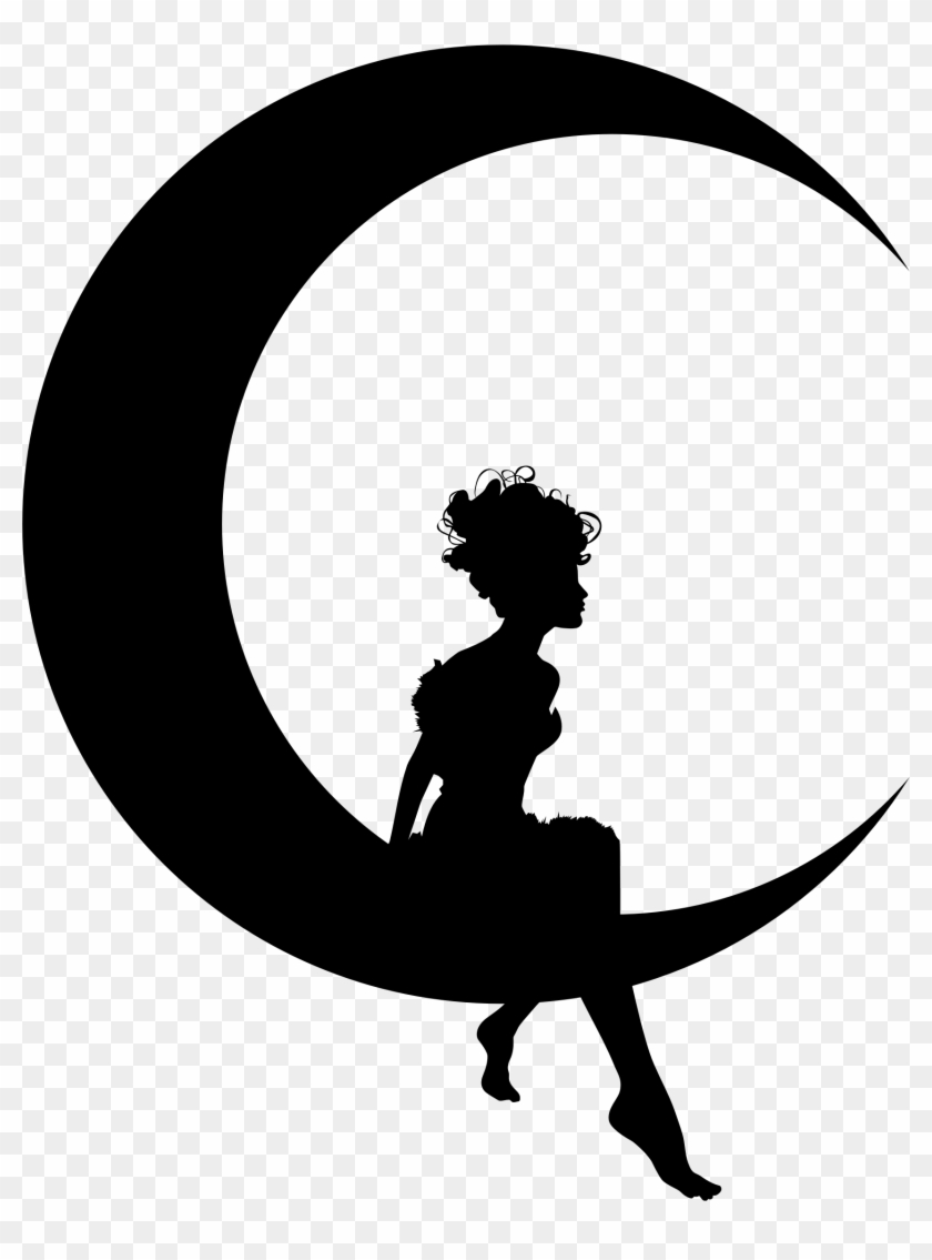 Girl Moon Silhouette Clipart - Girl Sitting On Crescent Moon - Png Download
