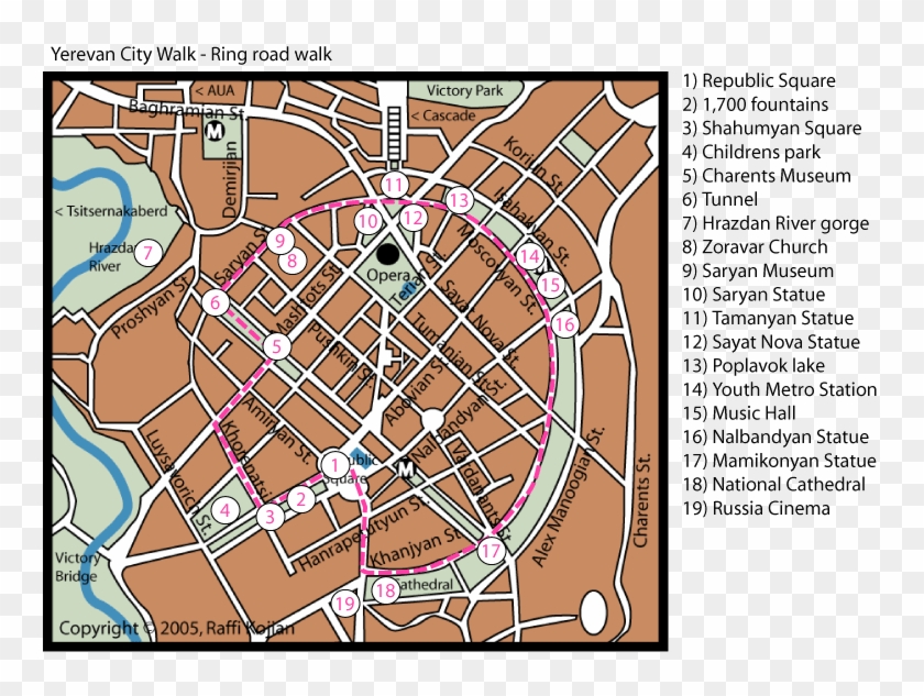 Yerevan Walk Ring Road - Map Of Yerevan Walking Tour Clipart #4013870