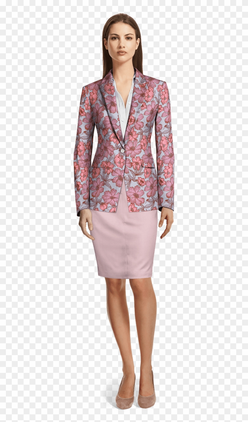 Pink Floral Polyester Skirt Suit-view Front - Double Breasted Skirt Suit Clipart #4051659