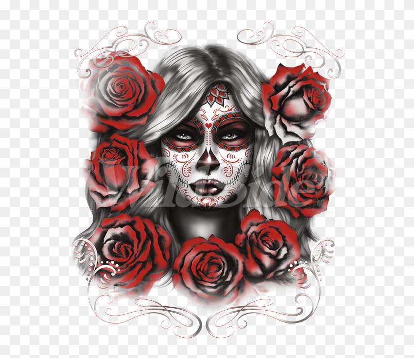 Sugar Girl With Red Roses - Calavera Clipart