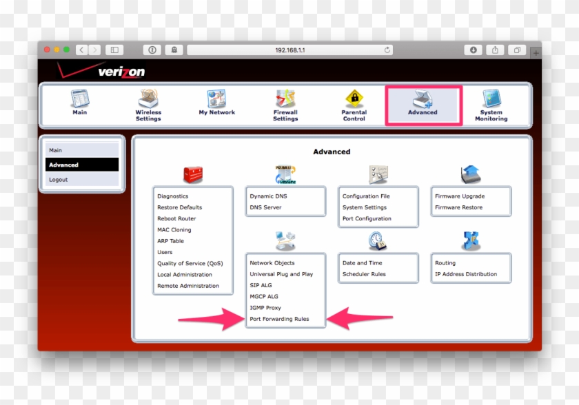 Location Of Actiontek Port Fowarding Rules - Verizon Fios G1100 Firewall Clipart #4064129