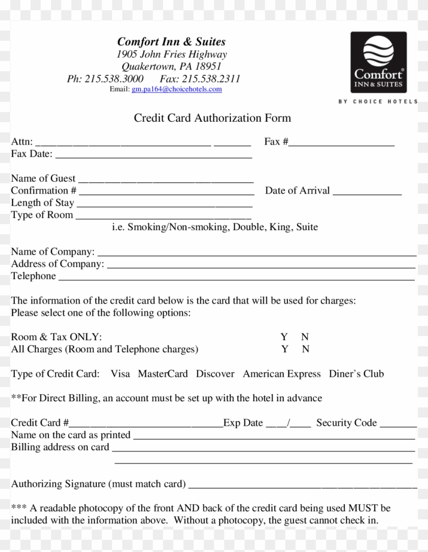 Credit Card Authorization Form For Choice Hotels Form - Pdf Printable Credit Card Authorization Form Clipart