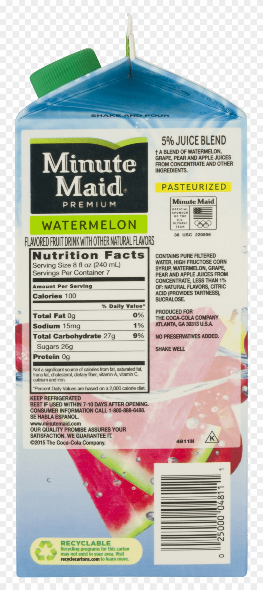 Minute Maid Premium Fruit Drink Watermelon 59 Fl Oz - Minute Maid Tropical Punch Nutrition Label Clipart #4149266