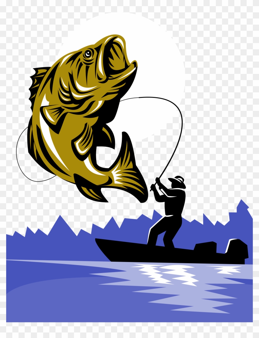 Bass Fishing Fishing Rod Fly Fishing - Largemouth Bass Fish And Fly Fisherman Clipart #423930