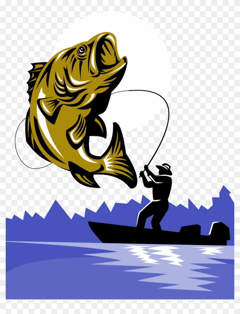Bass Fishing Fishing Rod Fly Fishing - Largemouth Bass Fish And Fly Fisherman Clipart