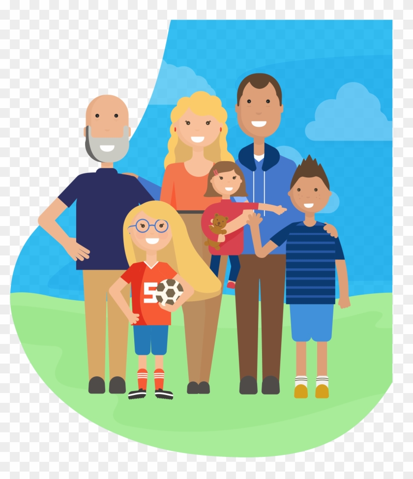 Happy Family Of Parents, Three Children, And A Grandfather - Cartoon  Clipart (#4227530) - PikPng