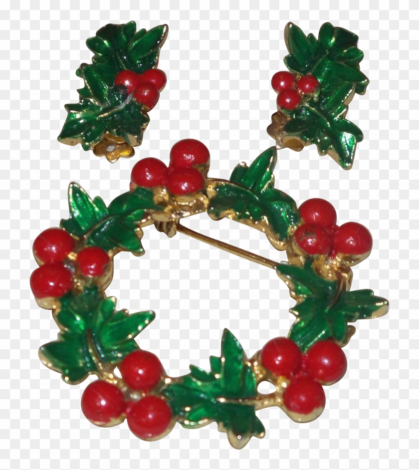 Vintage Holly Berry Wreath Brooch And Clip Earrings - Wreath - Png Download #4259373