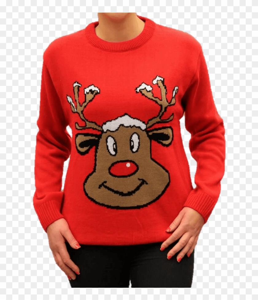 Jersey Navideño Mujer Reno Sonriente Rojo Para Navidad - Sueter Navideño De Pareja Clipart