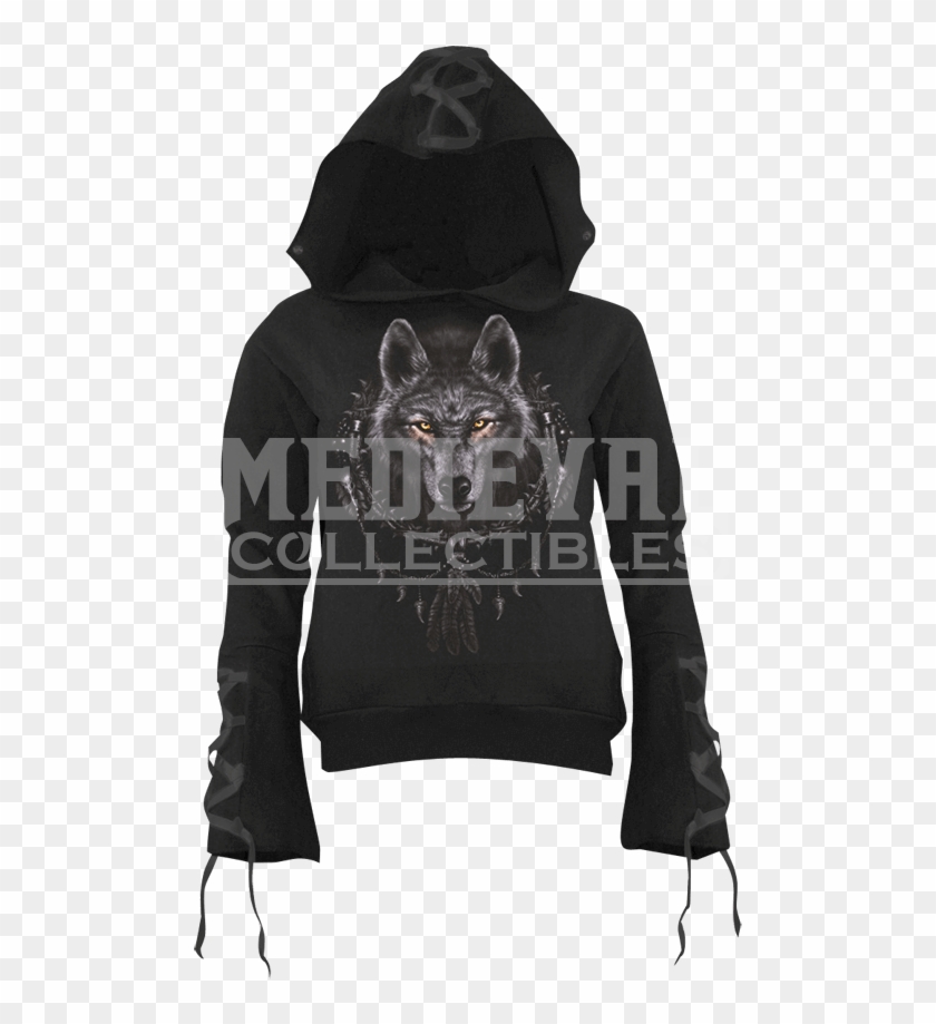 Wolf Dreams Ribbon Sleeve Womens Hoodie - Hoodie Clipart