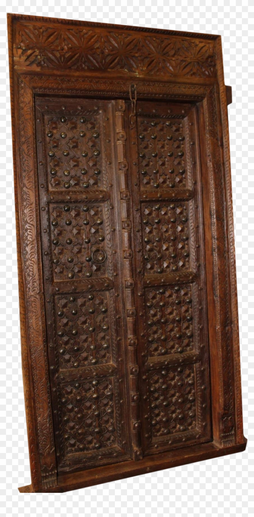 Antique Indian Carved Wooden Door With Metal Fittings - Cupboard Clipart #4277521