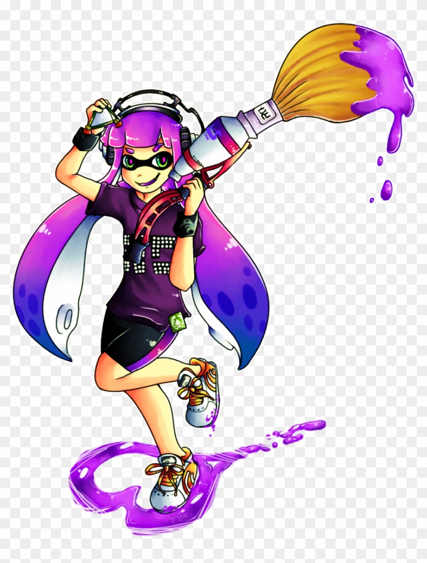 Purple Inkling Girl - Ink Brush Splatoon Drawing Clipart