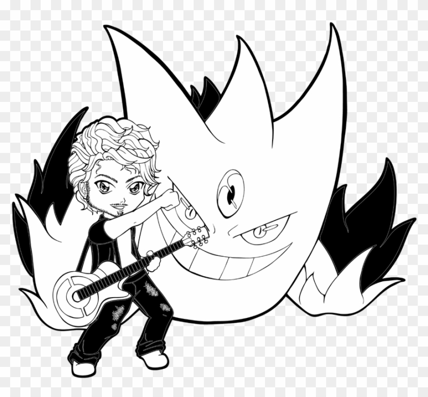 Lineart Guitarist Rego With Mega Gengar By Chibivi - Digital Coloring Practice Clipart