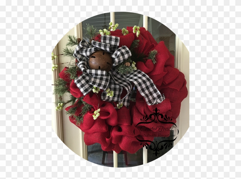Red Burlap Christmas Wreath With Black Plaid Ribbon - Poinsettia Clipart #431613