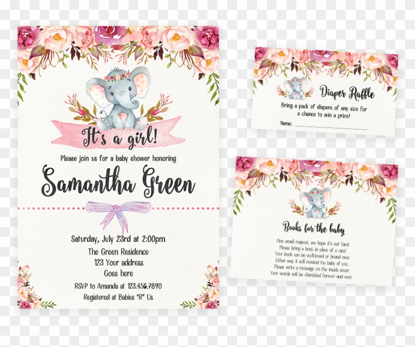 Elephant Floral Boho Invitation Pack - Baby Elephant With Flower Crown Invitation Clipart