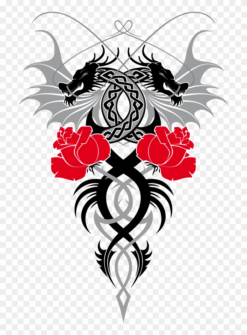 2 Dragons 2roses - Two Dragon Tattoo Design Clipart #4340989