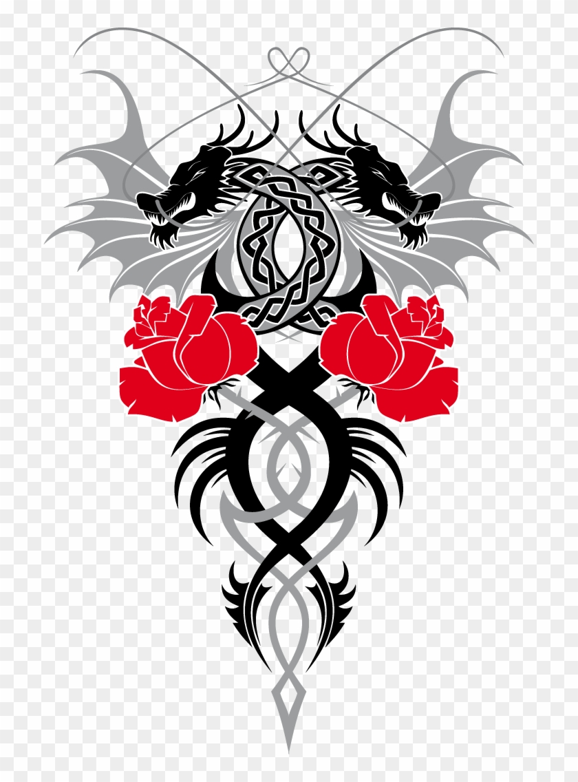 2 Dragons 2roses - Two Dragon Tattoo Design Clipart