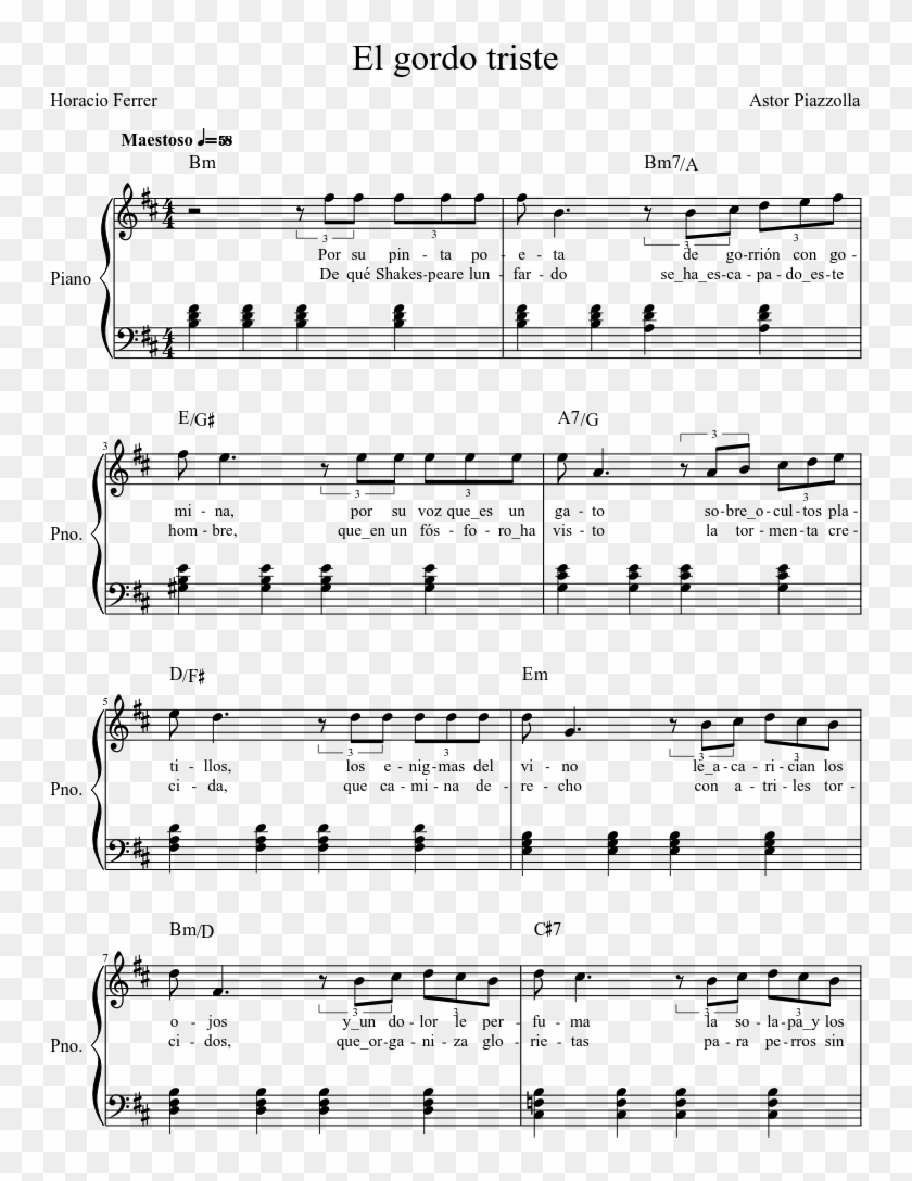 El Gordo Triste Sheet Music Composed By Astor Piazzolla - Sheet Music Clipart