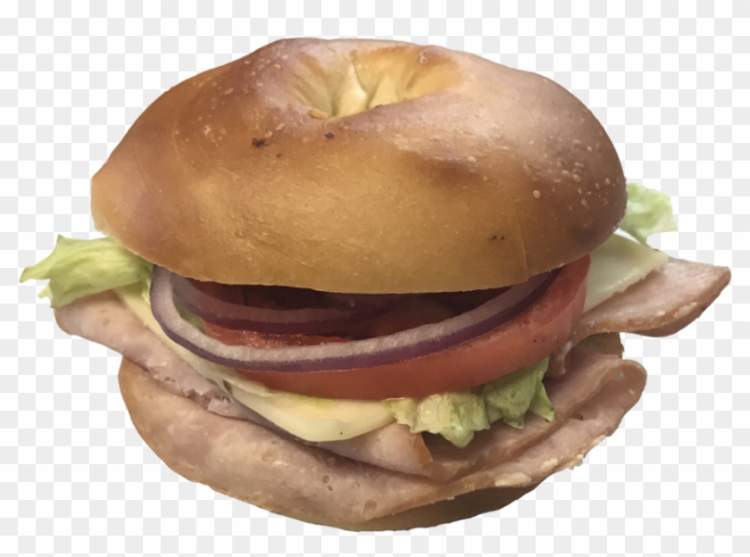 Ham Sandwich On Plain Bagel With Onion, Tomato, Lettuce - Cheeseburger Clipart #4411530